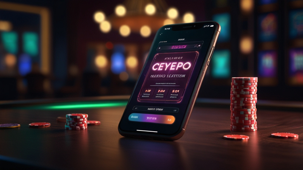 Smartphone mit Download-Seite für die Nnv Casino App in dunkler Casino-Atmosphäre